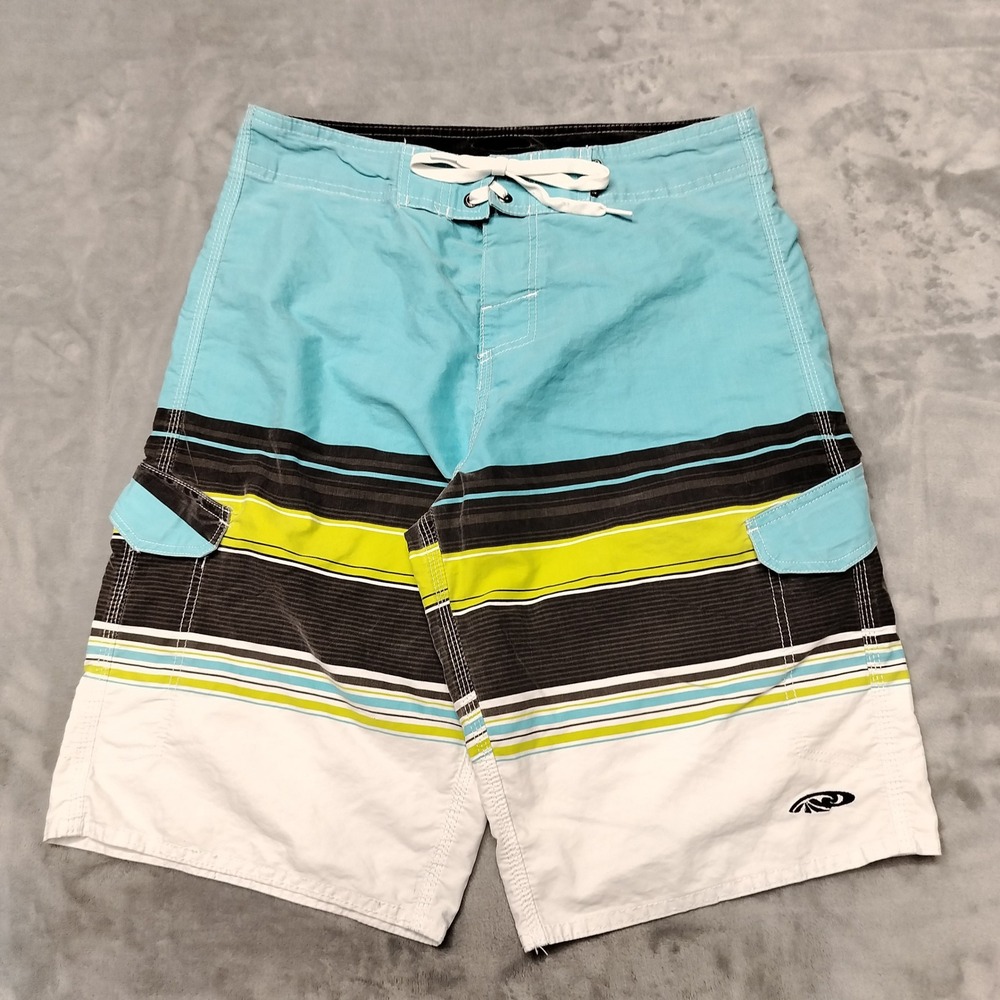 Palmwave Shorts Mens 32x11 Blue Striped Board Cargo Swim Trunks Surf Beachwear